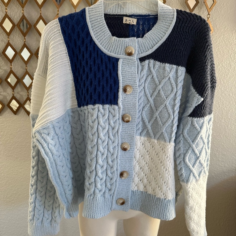 POL Blue and White Patchwork Sweater